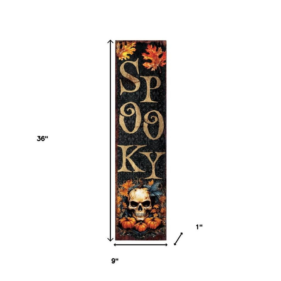 36" Black Gold And Orange Solid Wood Spooky Halloween Skull Porch Sign