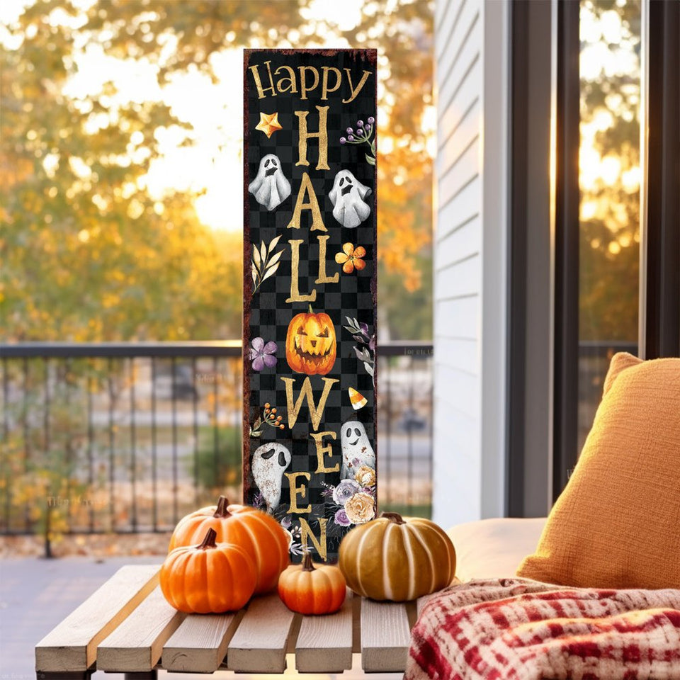 36" Black Gold Orange And Purple Solid Wood Happy Halloween Ghost Porch Sign