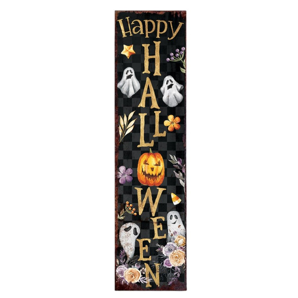 36" Black Gold Orange And Purple Solid Wood Happy Halloween Ghost Porch Sign