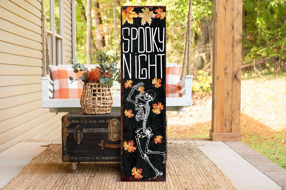36" Black Orange And White Solid Wood Spooky Halloween Skeleton Porch Sign