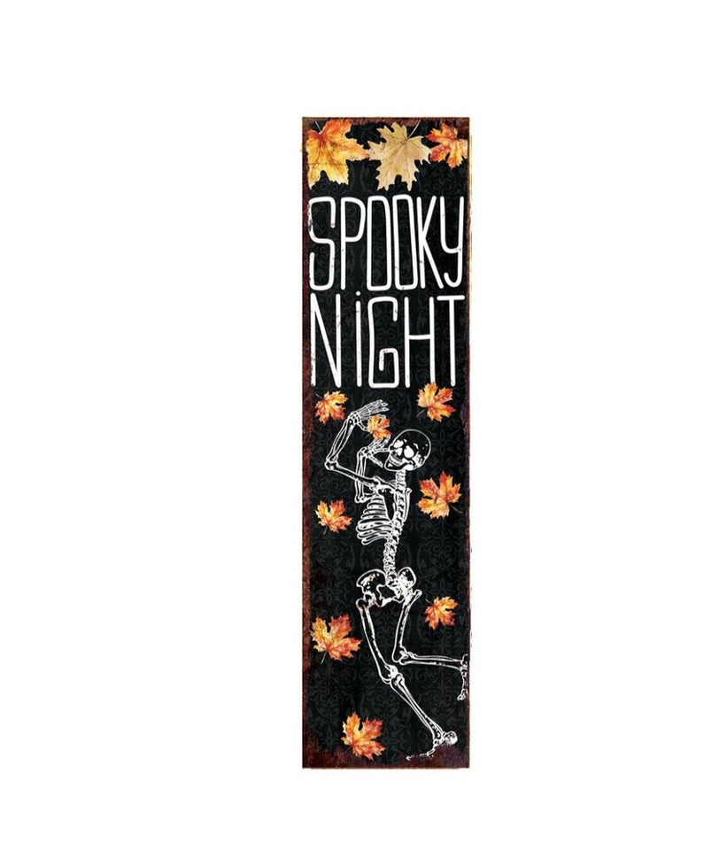 36" Black Orange And White Solid Wood Spooky Halloween Skeleton Porch Sign