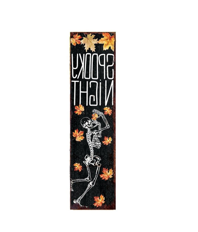 36" Black Orange And White Solid Wood Spooky Halloween Skeleton Porch Sign