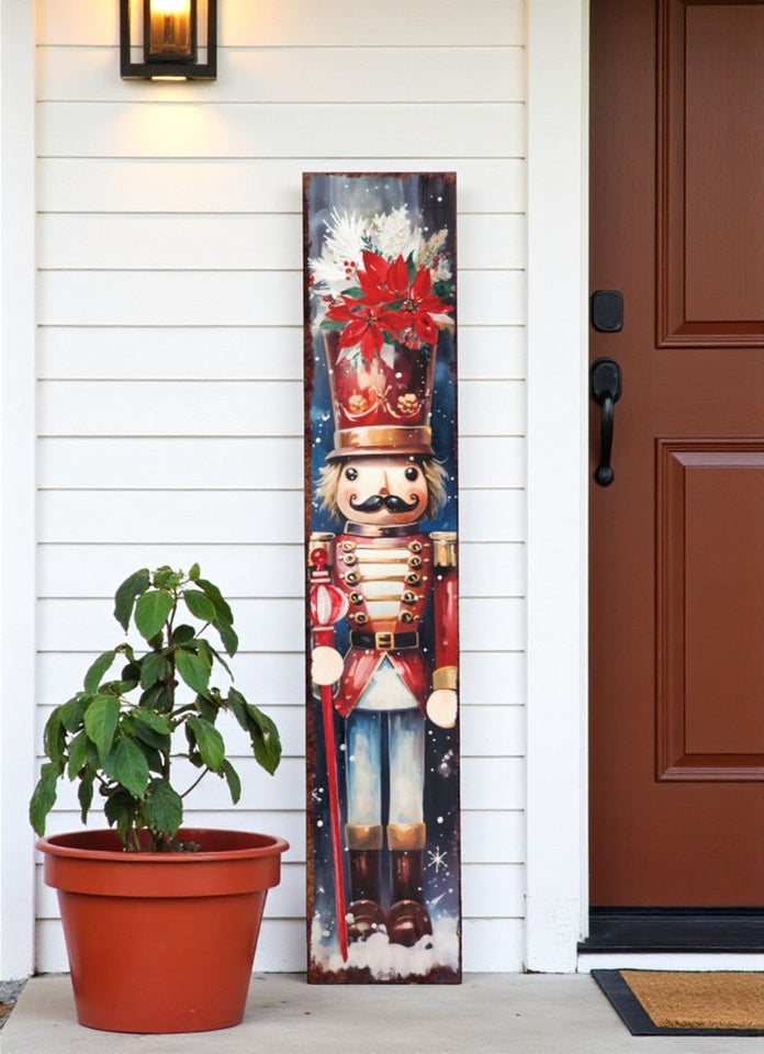 48" Blue White And Red Christmas Nutcracker Solid Wood Porch Sign