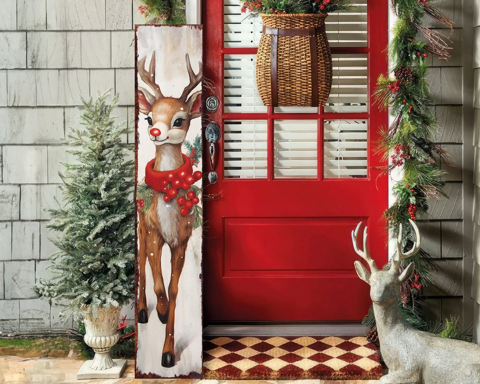 48" White Green And Red Christmas Reindeer Solid Wood Porch Sign
