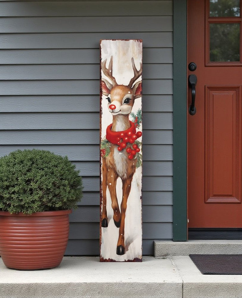 48" White Green And Red Christmas Reindeer Solid Wood Porch Sign