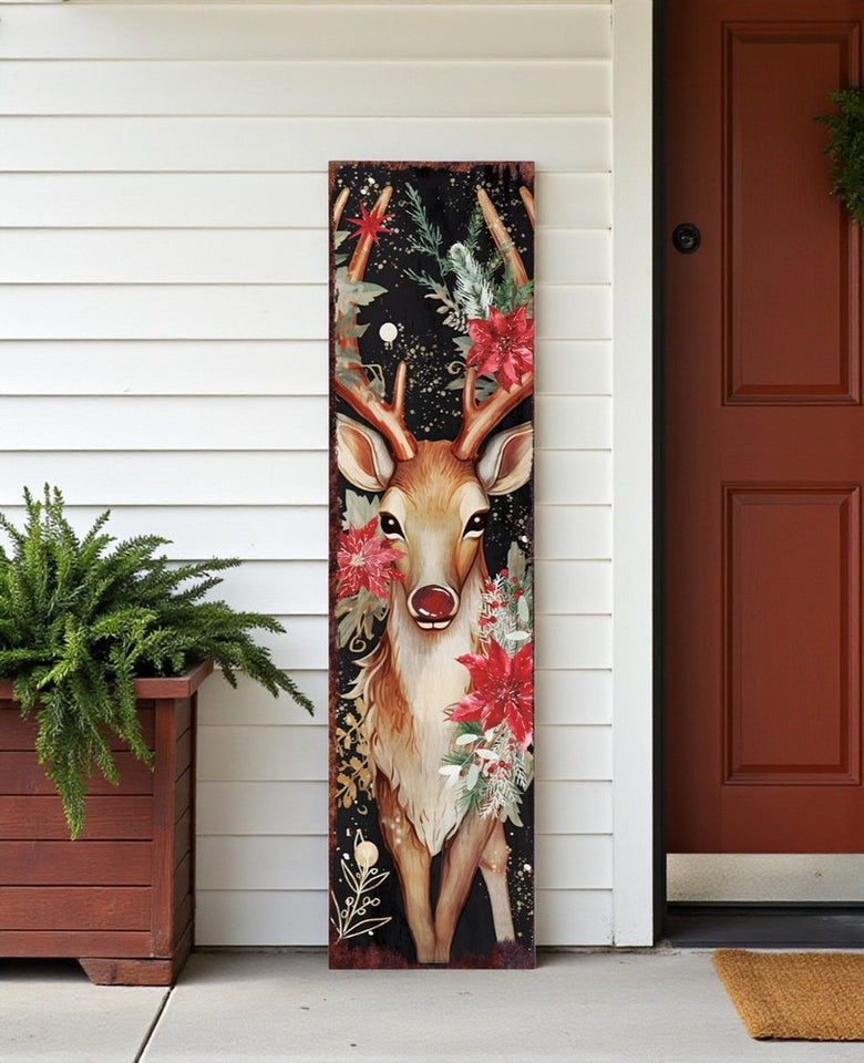 36" Black Red And Green Christmas Reindeer Solid Wood Porch Sign
