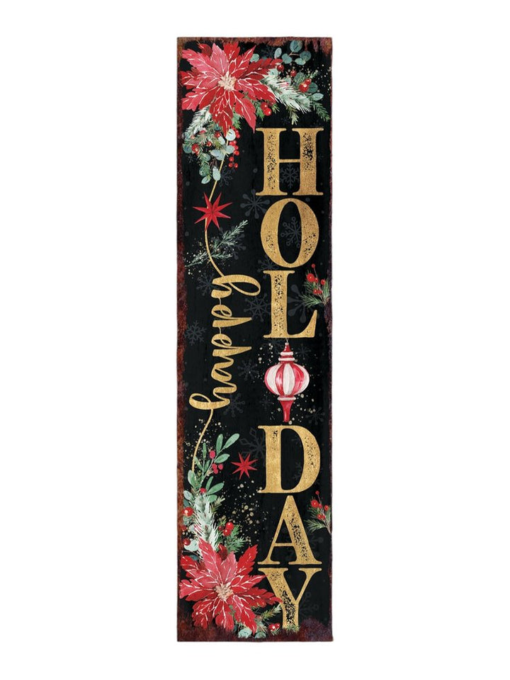 36" Black Gold Green And Red Solid Wood Happy Holidays Christmas Poinsettia Porch Sign