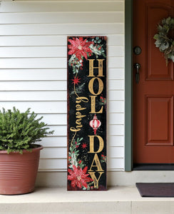 36" Black Gold Green And Red Solid Wood Happy Holidays Christmas Poinsettia Porch Sign