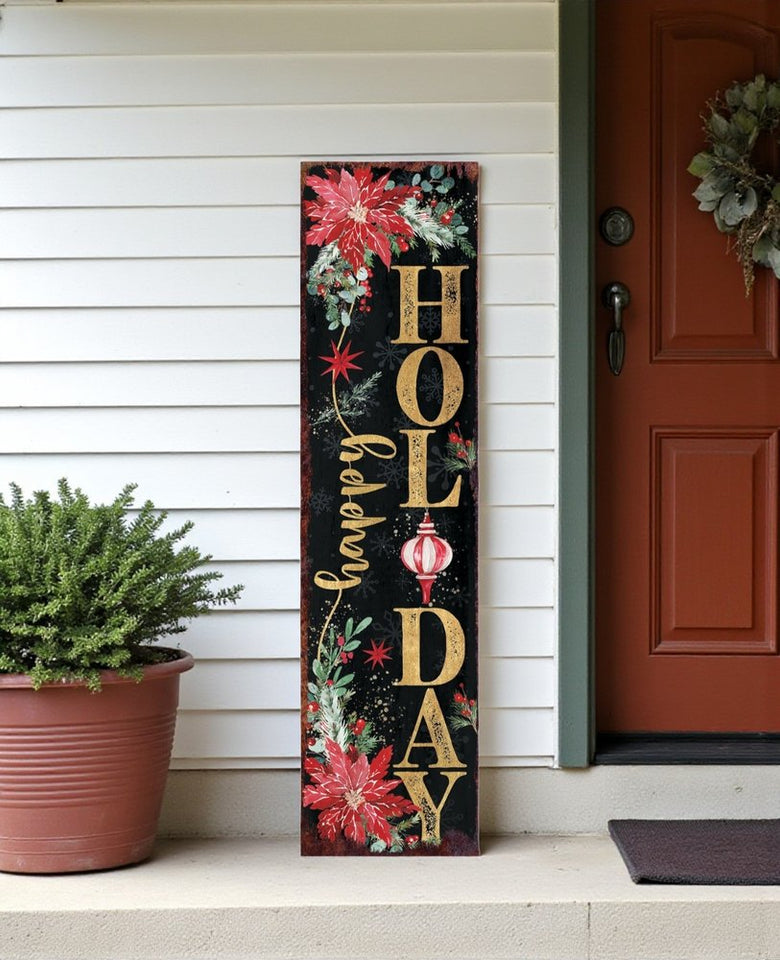 36" Black Gold Green And Red Solid Wood Happy Holidays Christmas Poinsettia Porch Sign