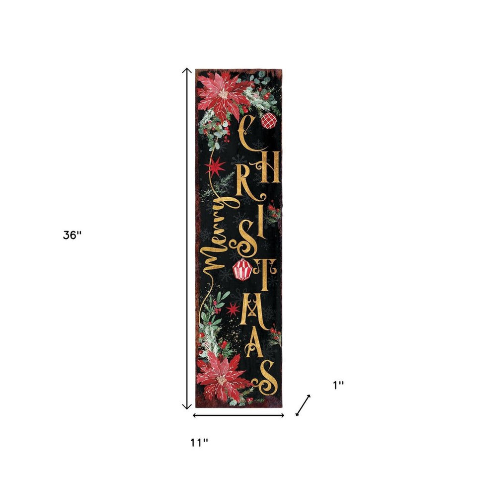 36" Black Gold Green And Red Solid Wood Poinsettia Merry Christmas  Porch Sign
