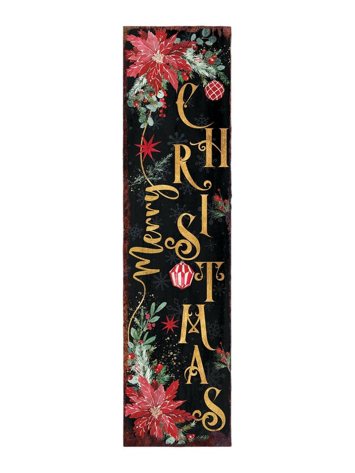 36" Black Gold Green And Red Solid Wood Poinsettia Merry Christmas  Porch Sign