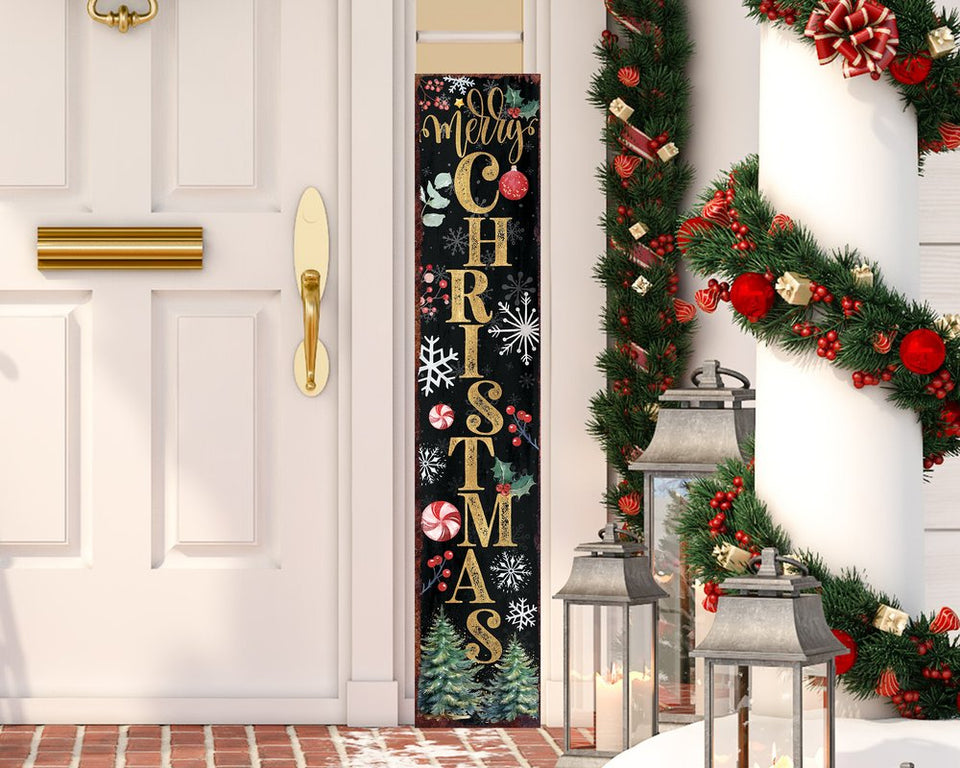 48" Black Gold Green And Red Solid Wood Merry Christmas Porch Sign