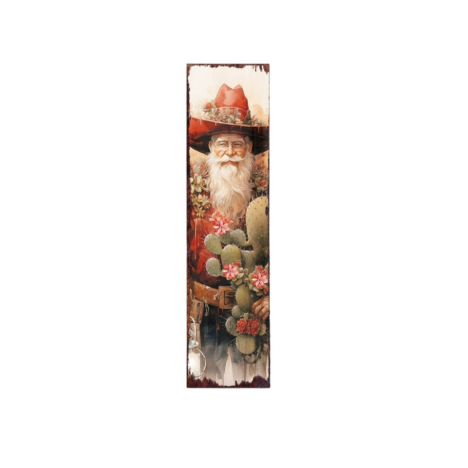 36" Red Green And White Solid Wood Christmas Cowboy Santa Porch Sign