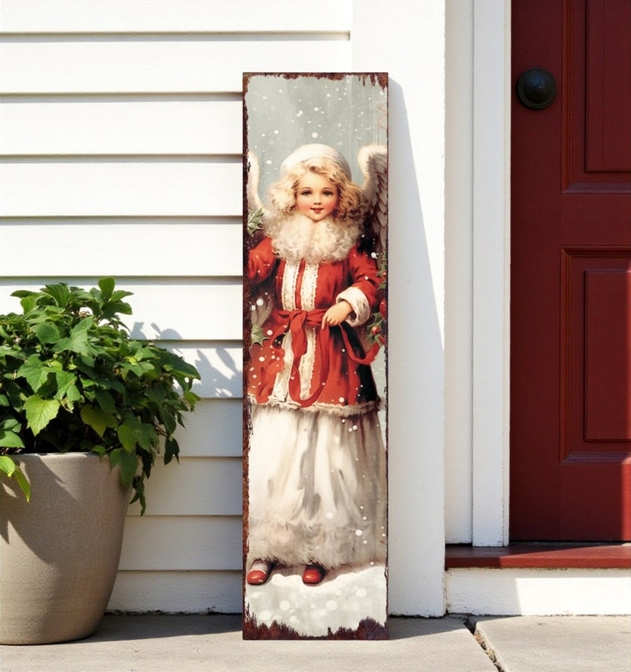 36" Red And White Solid Wood Christmas Snow Scene Porch Sign