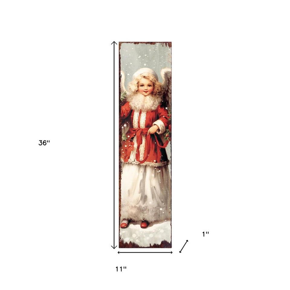 36" Red And White Solid Wood Christmas Snow Scene Porch Sign
