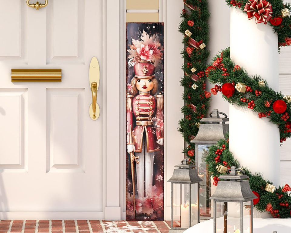 48" Pink And White Christmas Female Nutcracker Solid Wood Porch Sign