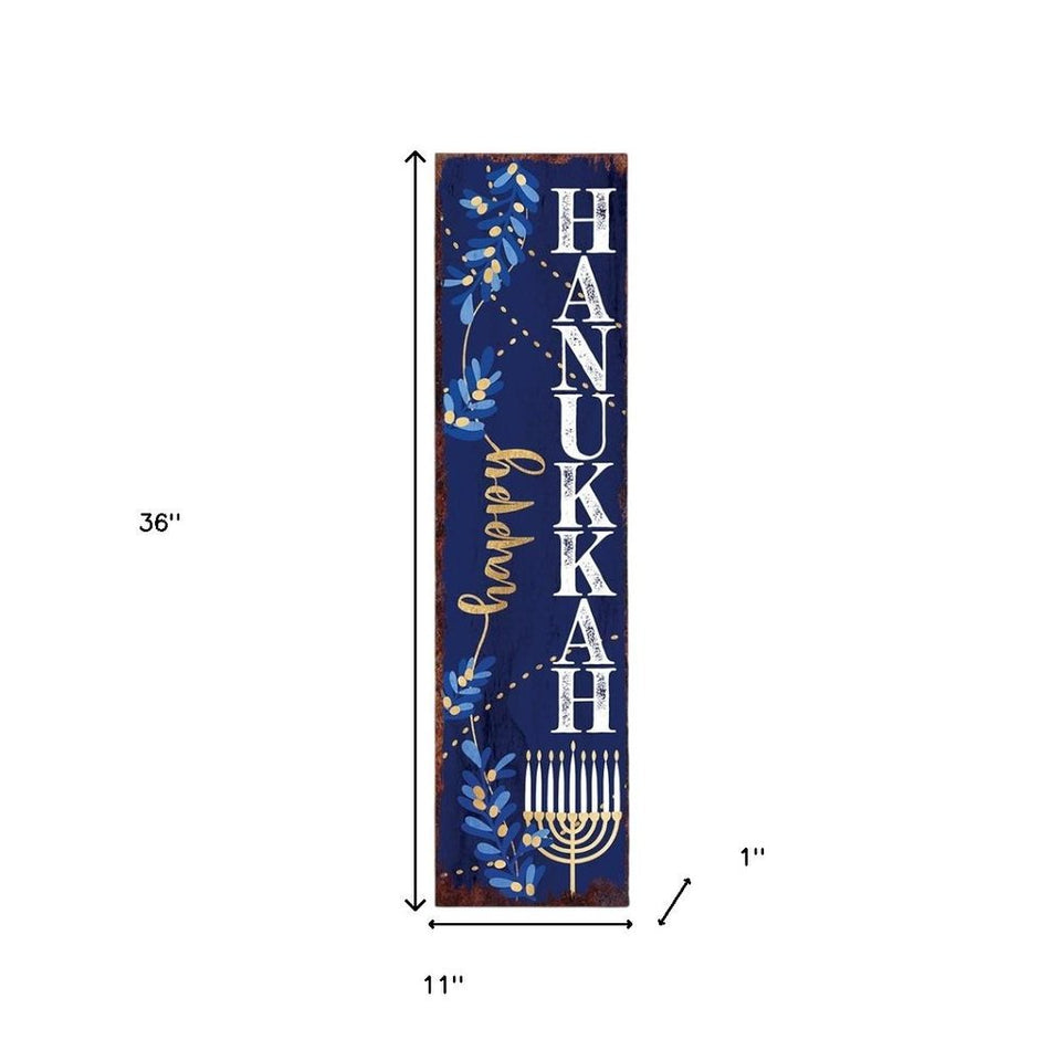 36" Blue White And Gold Hanukkah Tree Solid Wood Porch Sign