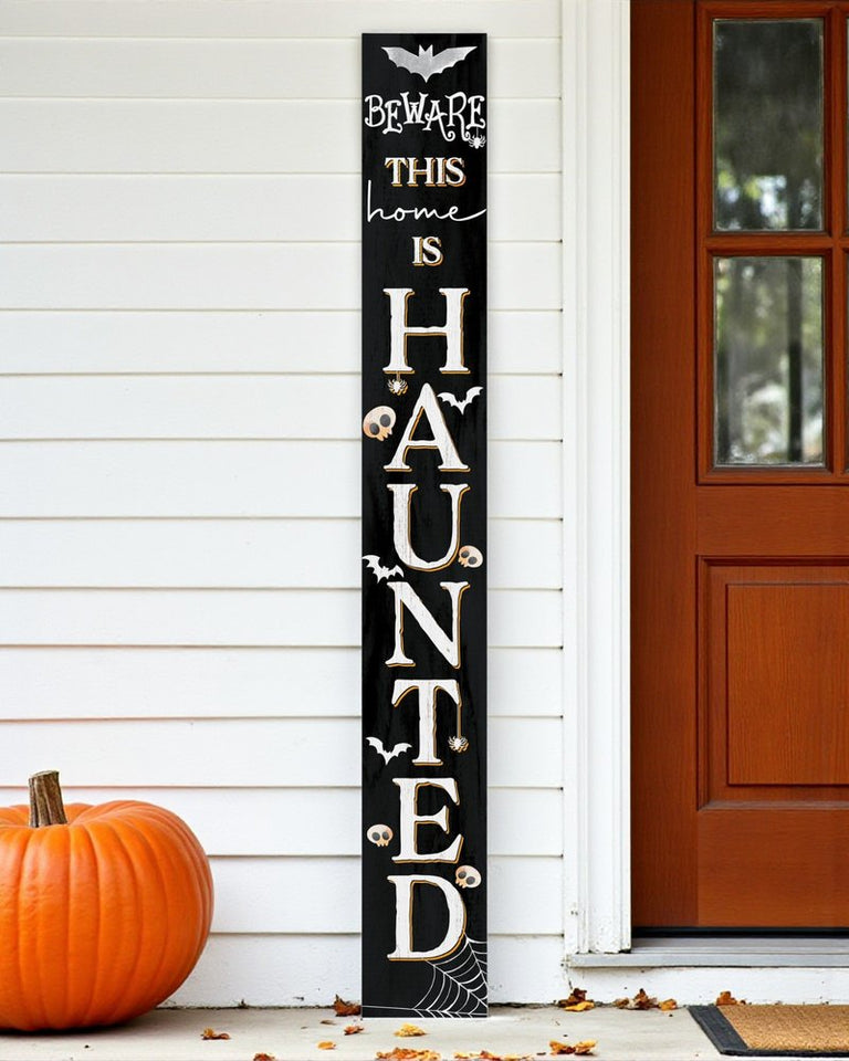 72" Black And White Solid Wood Beware Halloween Ghost Porch Sign