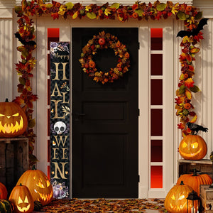 72" Black Gold And Purple Solid Wood Halloween Halloween Skull Porch Sign