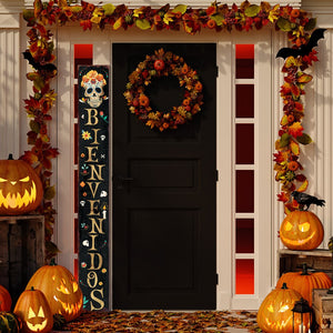 72" Black Gold And Orange Solid Wood Bienvenidos Skull Porch Sign