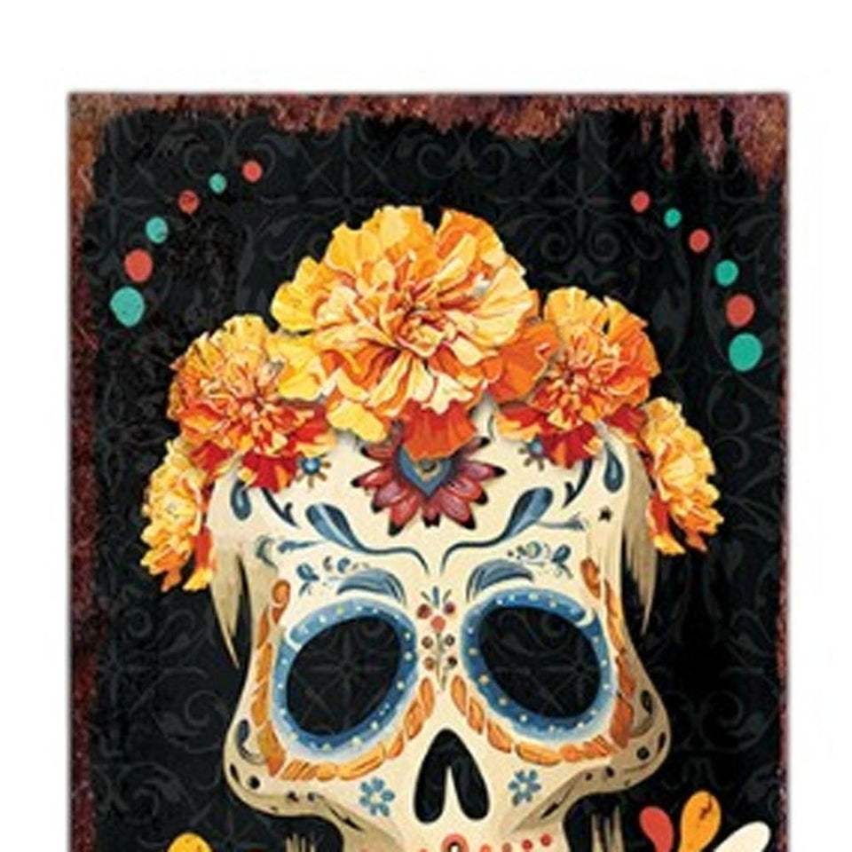 72" Black Gold And Orange Solid Wood Bienvenidos Skull Porch Sign