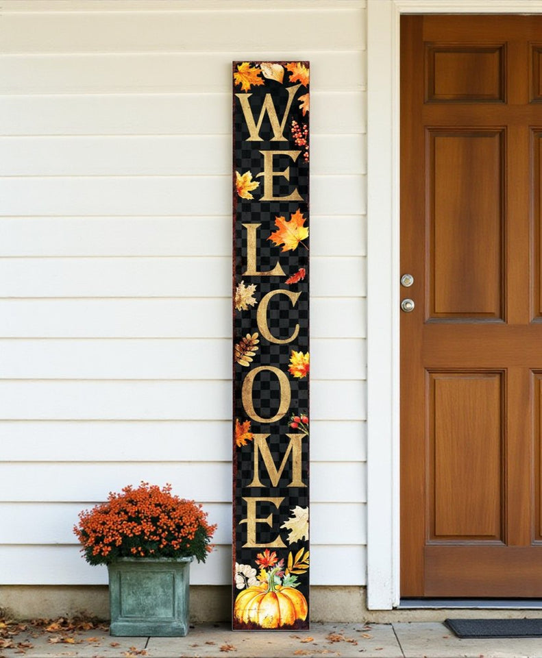 72" Black Gold And Orange Solid Wood Welcome Leaves Porch Sign