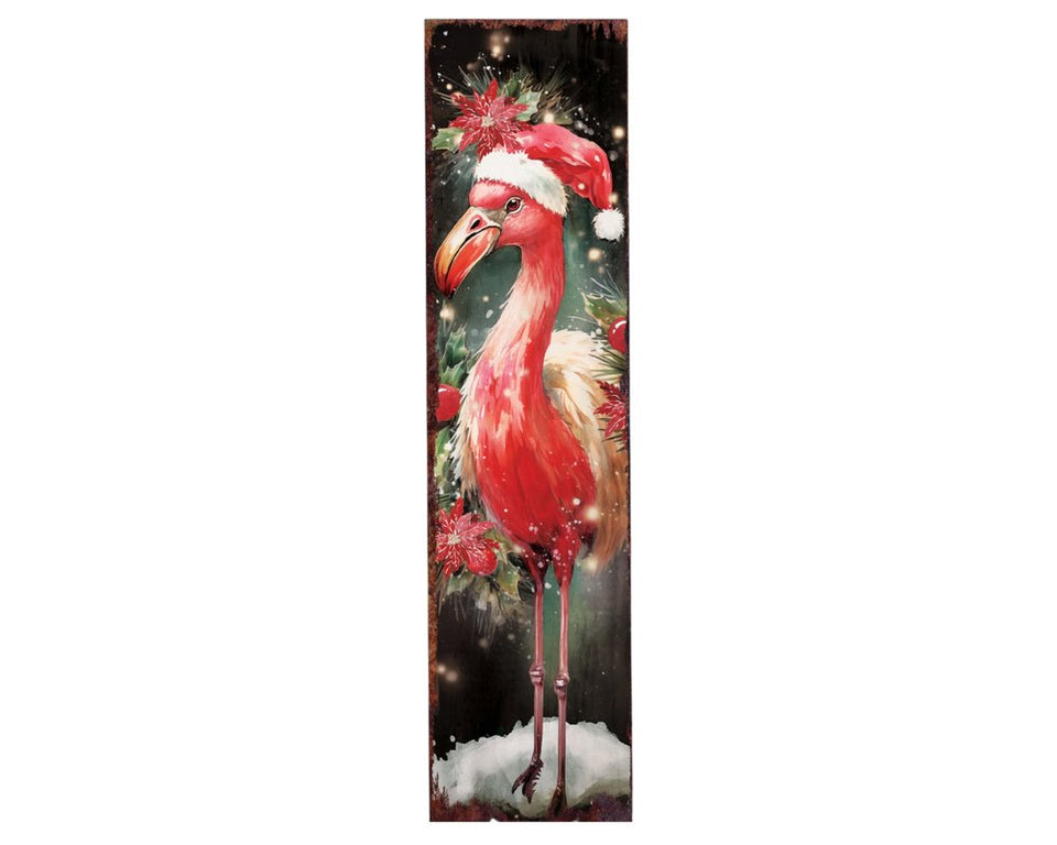36" Black And Pink Solid Wood Christmas Flamingo Porch Sign