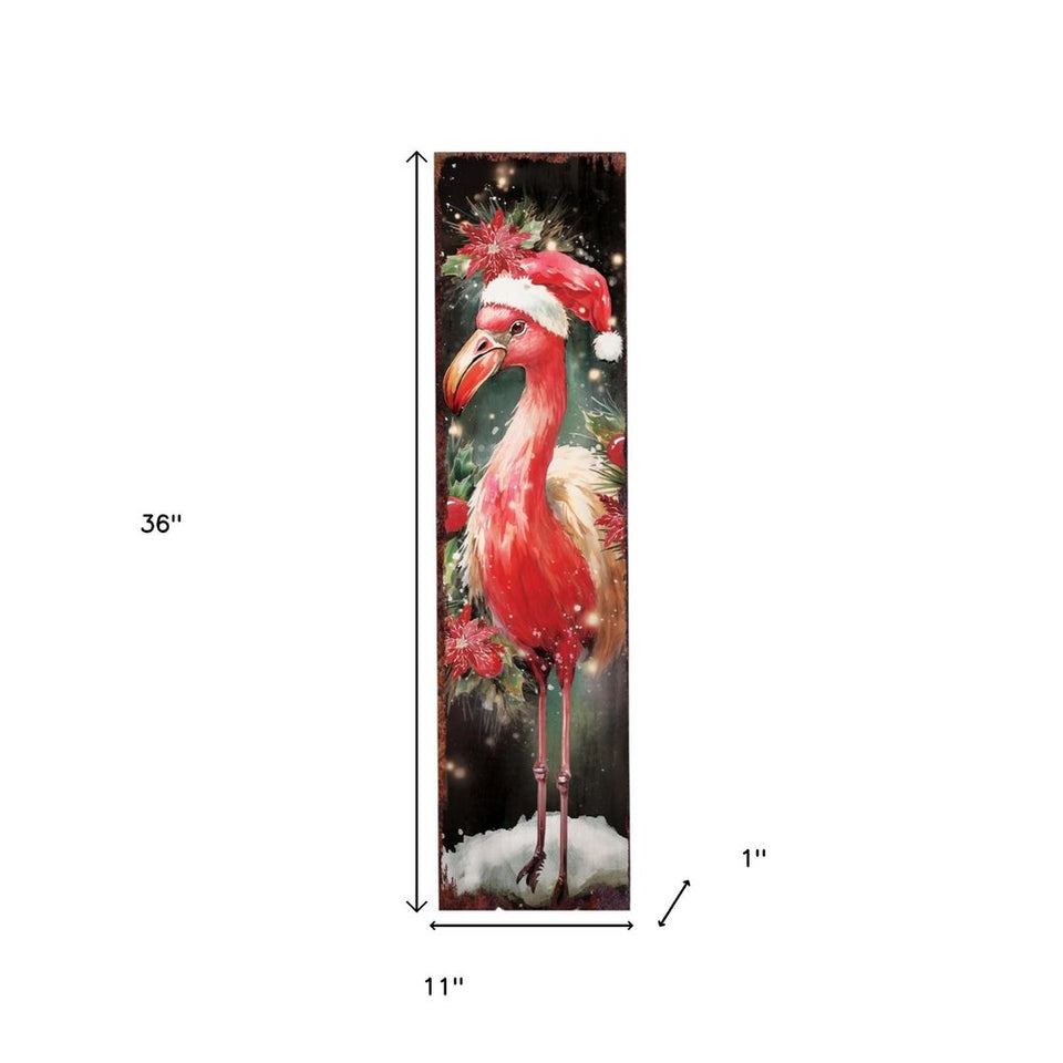 36" Black And Pink Solid Wood Christmas Flamingo Porch Sign