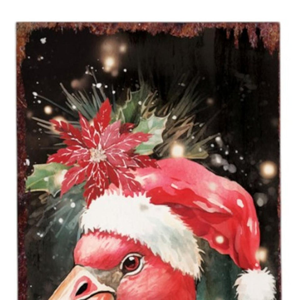 36" Black And Pink Solid Wood Christmas Flamingo Porch Sign