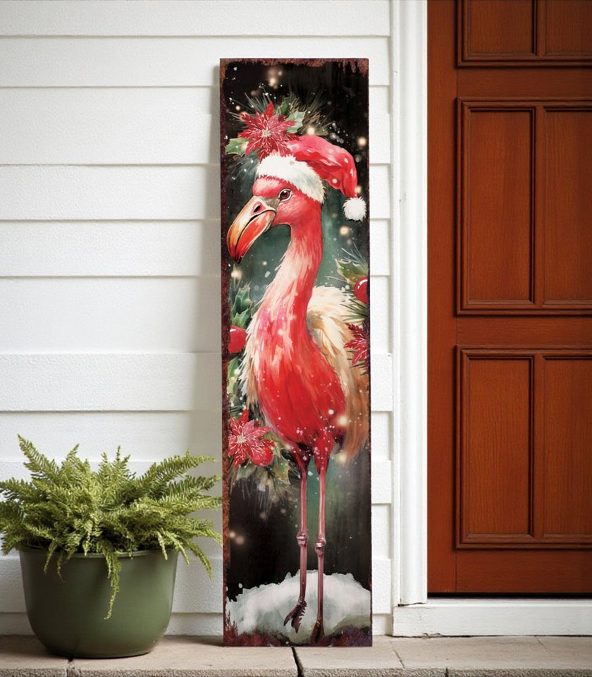 36" Black And Pink Solid Wood Christmas Flamingo Porch Sign