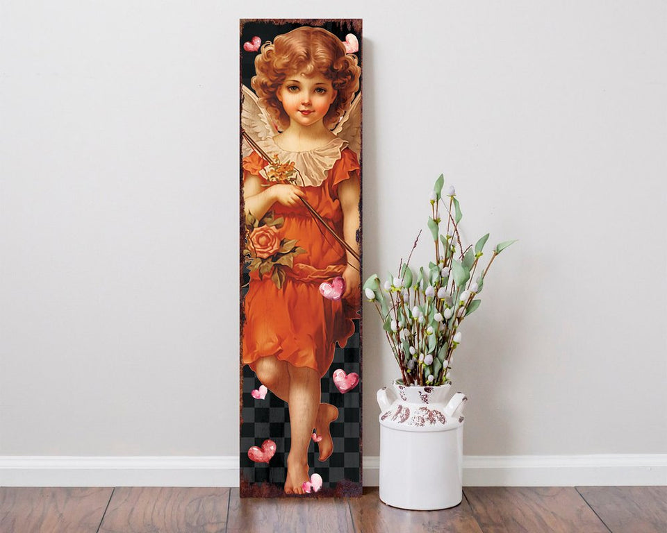 36" Black Gold And Pink Solid Wood Valentine's Day Cupid Porch Sign