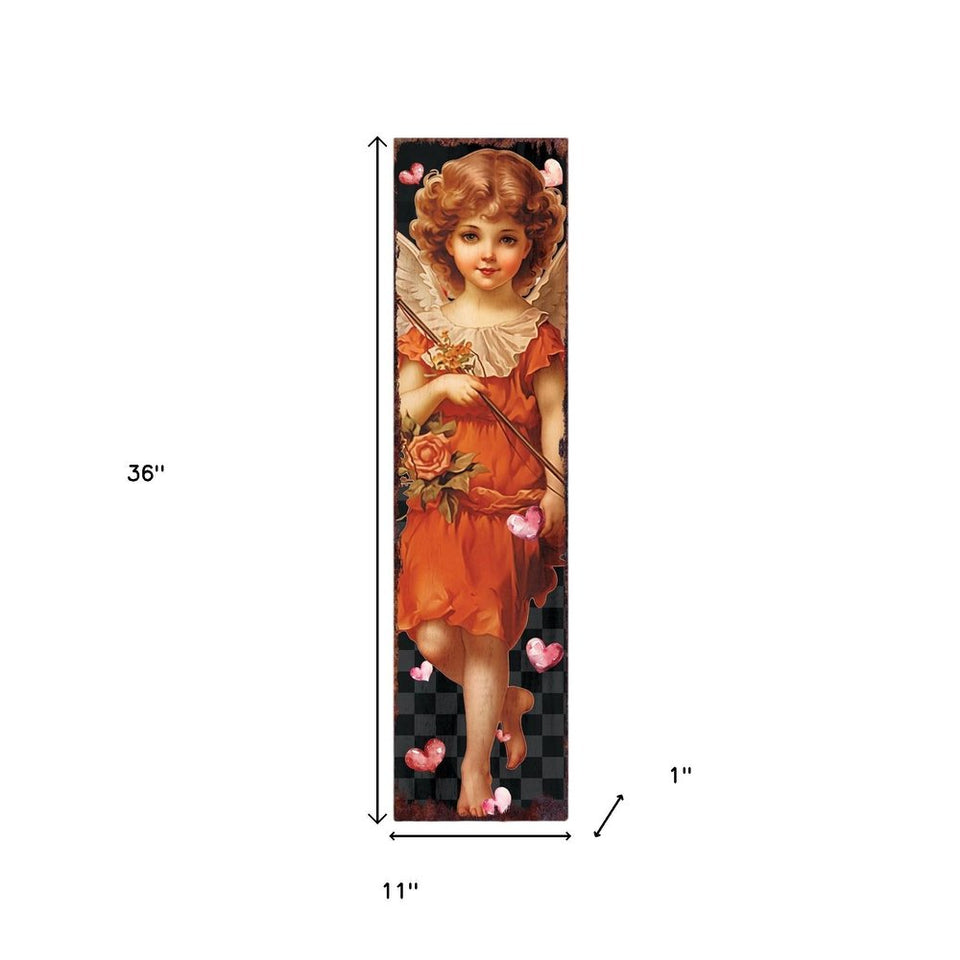 36" Black Gold And Pink Solid Wood Valentine's Day Cupid Porch Sign