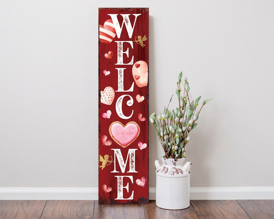 36" Pink Red And White Solid Wood Welcome Valentine's Day Porch Sign