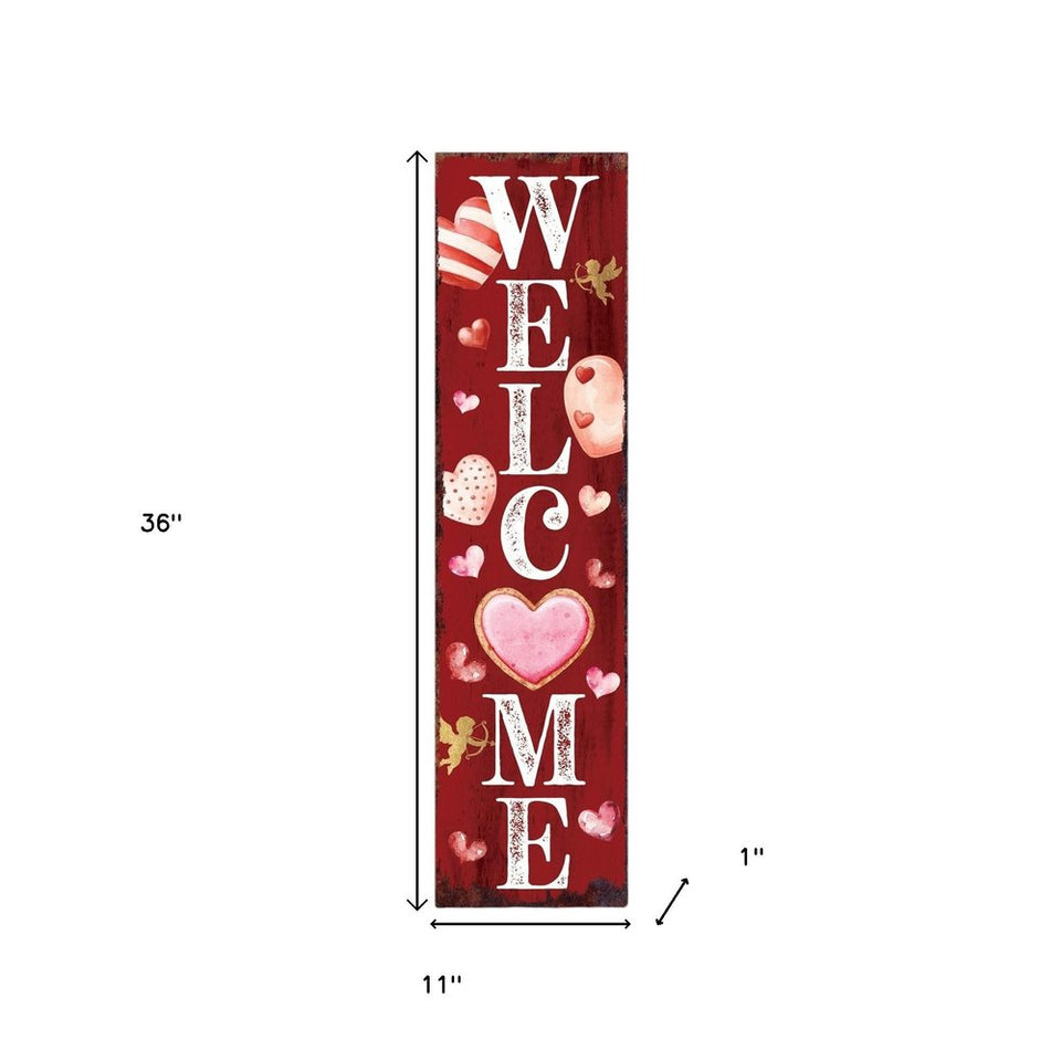 36" Pink Red And White Solid Wood Welcome Valentine's Day Porch Sign