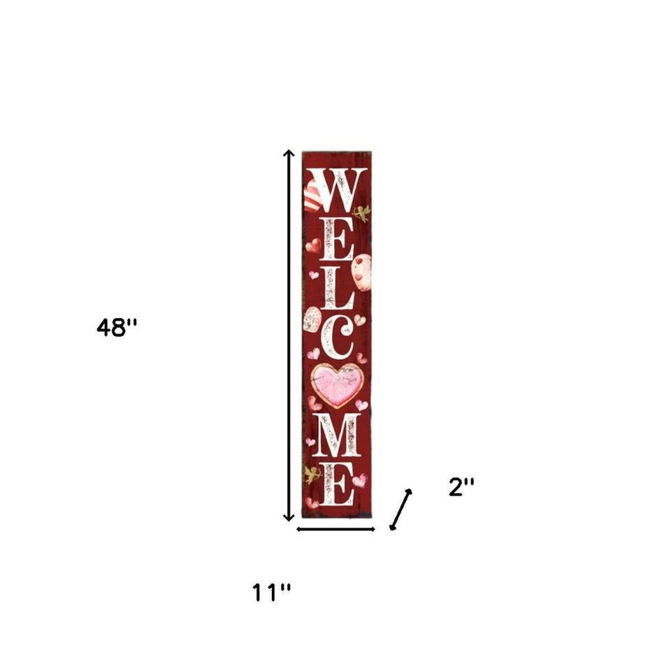 48" Red And White Solid Wood Valentine's Day Heart Welcome Porch Sign