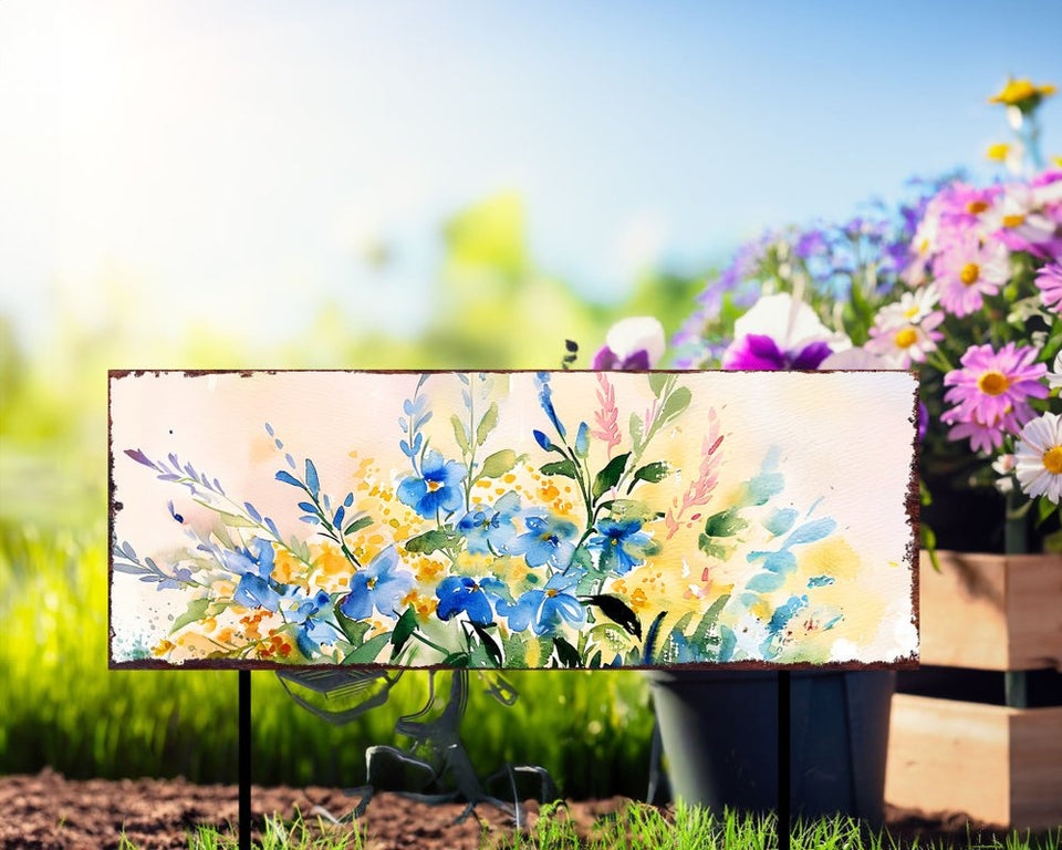 27" Blue White And Yellow Solid Wood Watercolor Floral Garden Stake