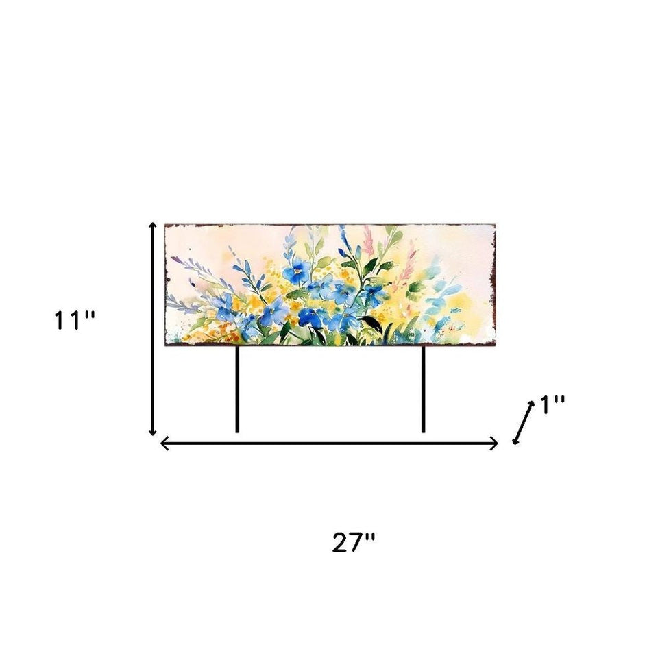 27" Blue White And Yellow Solid Wood Watercolor Floral Garden Stake
