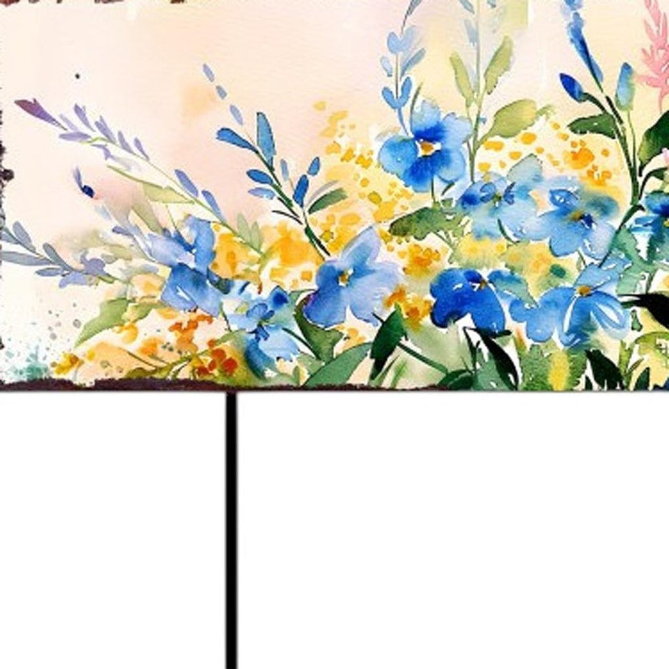 27" Blue White And Yellow Solid Wood Watercolor Floral Garden Stake
