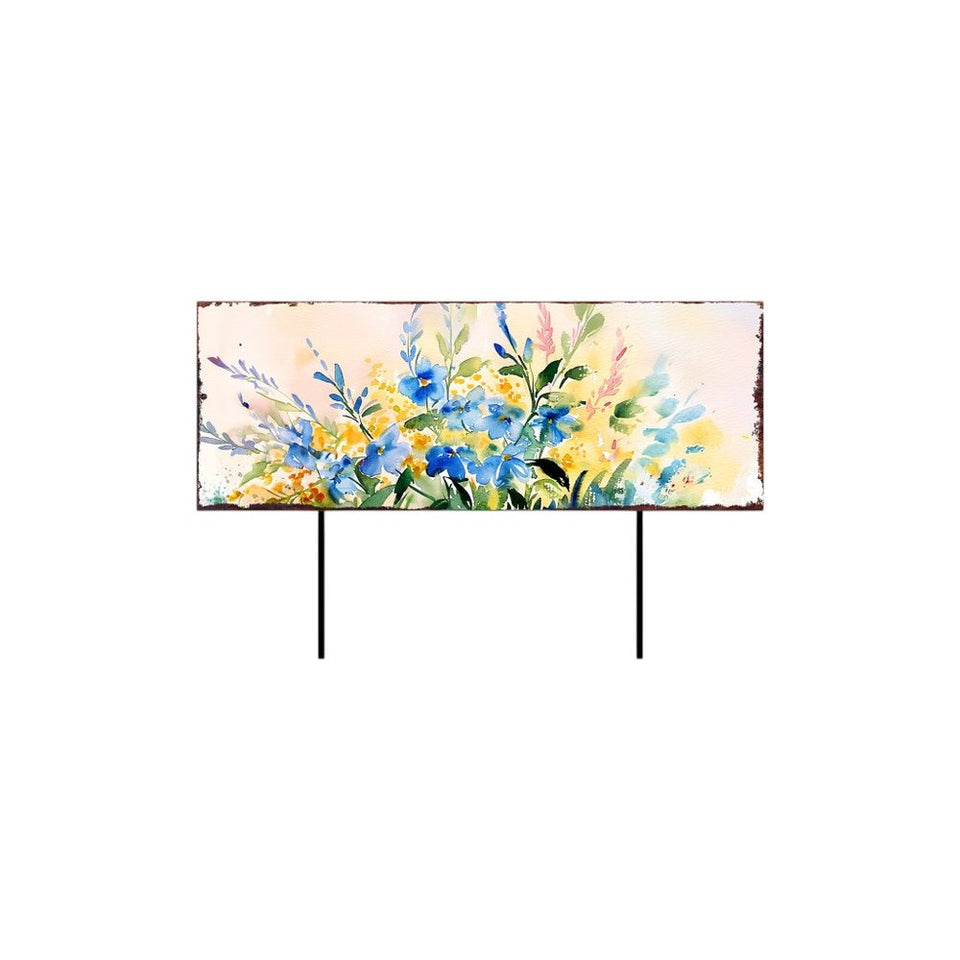 27" Blue White And Yellow Solid Wood Watercolor Floral Garden Stake