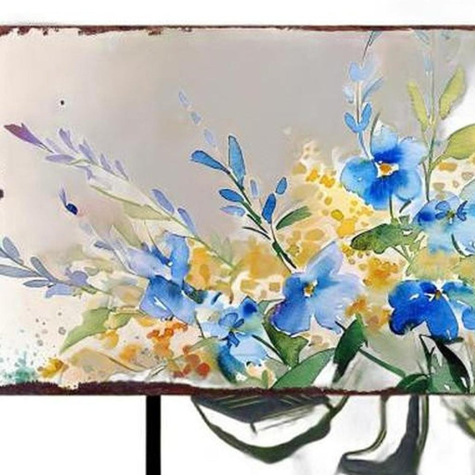 27" Blue White And Yellow Solid Wood Watercolor Floral Garden Stake