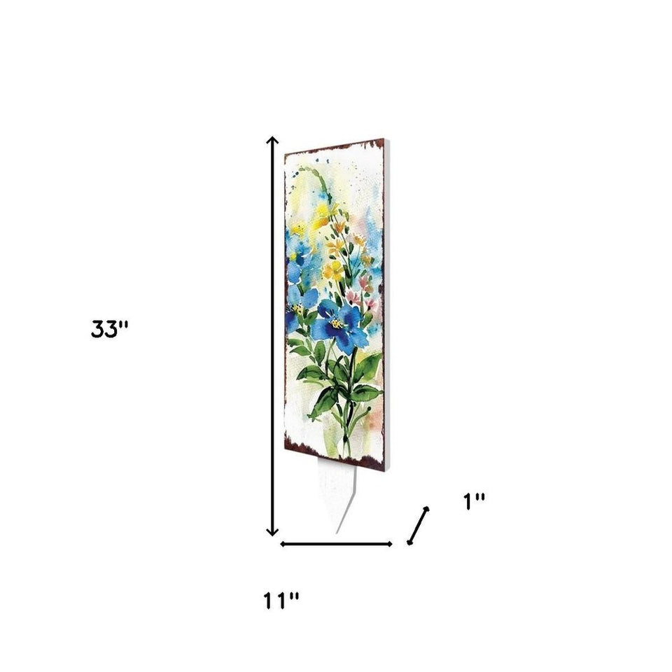 33" Blue White And Yellow Solid Wood Watercolor Floral Garden Stake