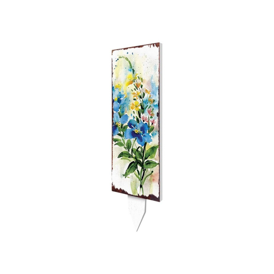 33" Blue White And Yellow Solid Wood Watercolor Floral Garden Stake