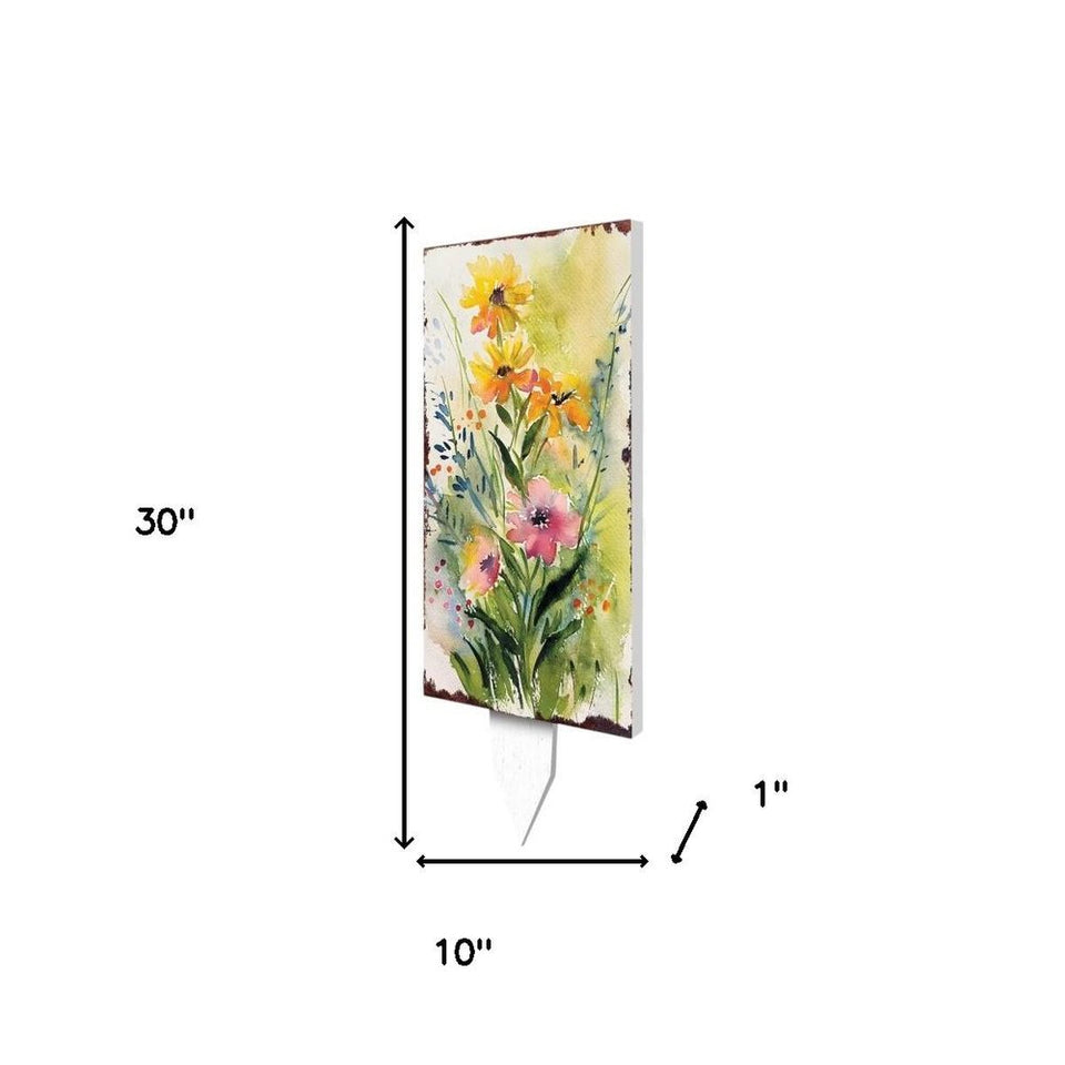 30" Green Pink White And Yellow Solid Wood Wildflowers Garden Stake