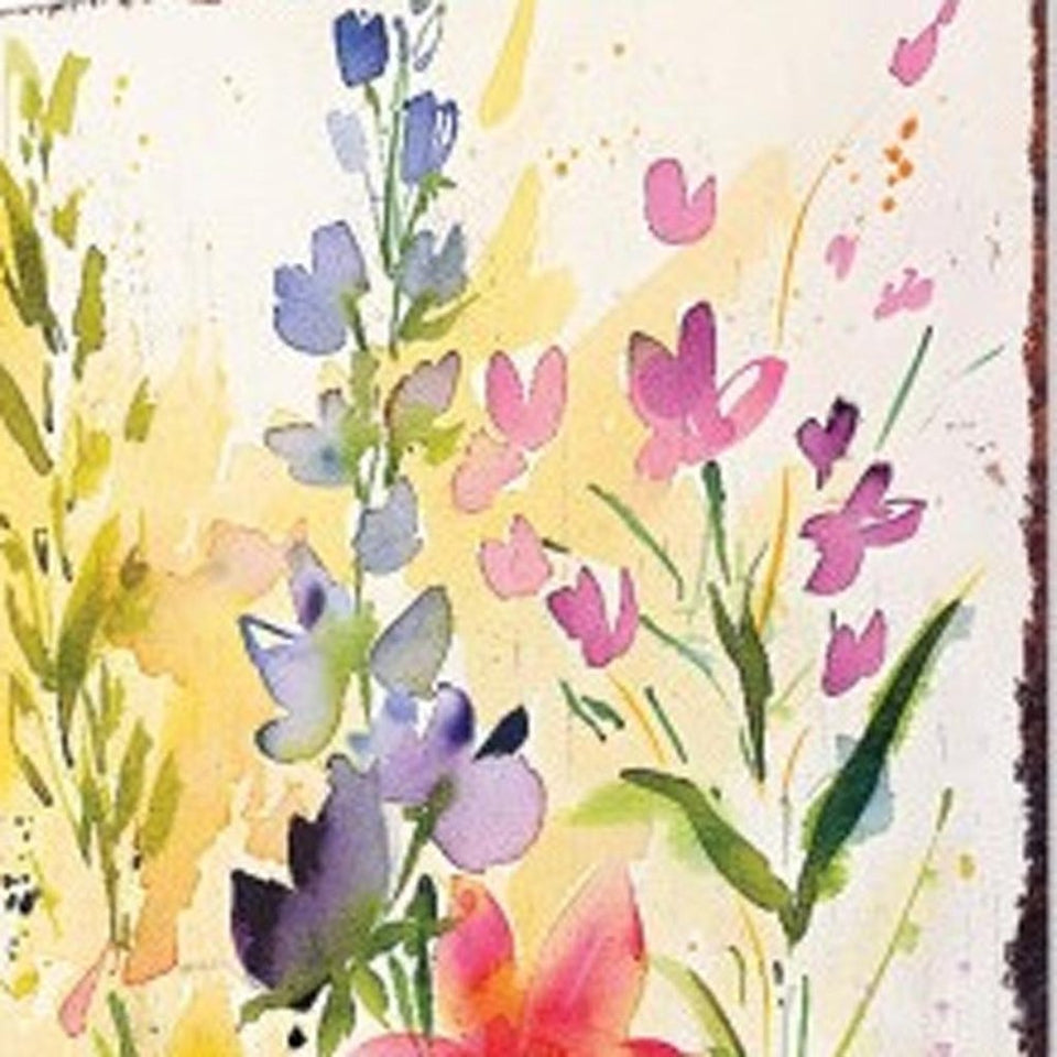 30" Green Pink White And Yellow Solid Wood Watercolor Floral Garden Stake