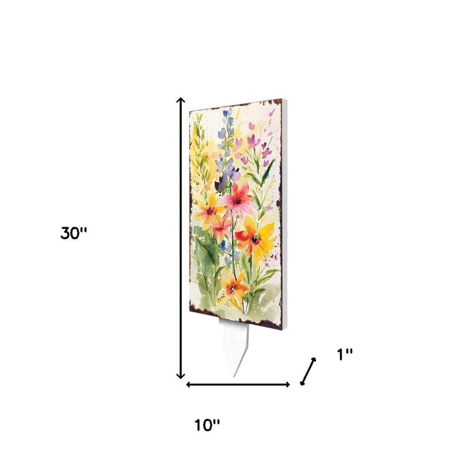 30" Green Pink White And Yellow Solid Wood Watercolor Floral Garden Stake