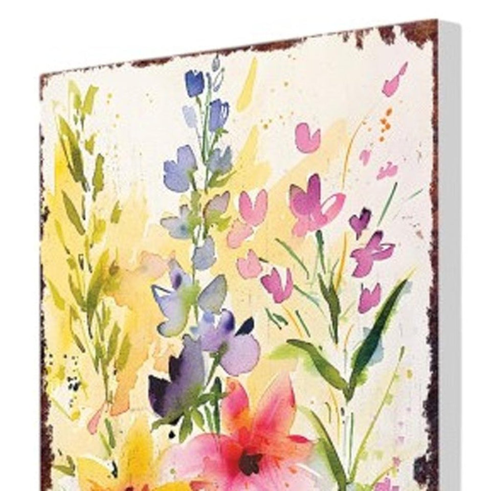 30" Green Pink White And Yellow Solid Wood Watercolor Floral Garden Stake