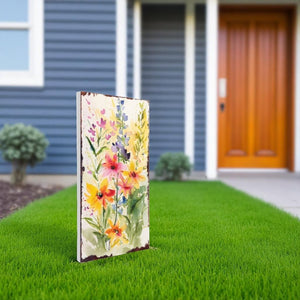 30" Green Pink White And Yellow Solid Wood Watercolor Floral Garden Stake