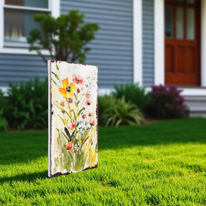 30" Green Pink White And Yellow Solid Wood Floral Bouquet Garden Stake