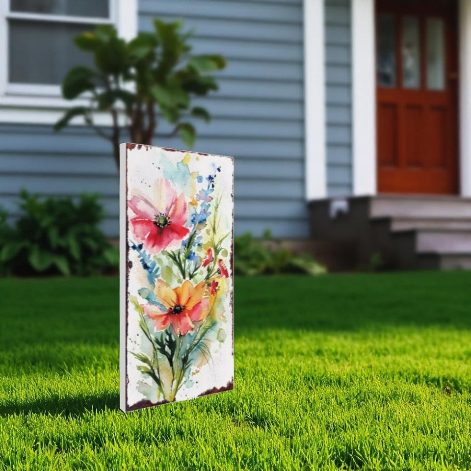 30" Blue Green Pink And White Solid Wood Watercolor Floral Garden Stake