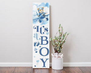 36" Blue And White Solid Wood New Baby Porch Sign